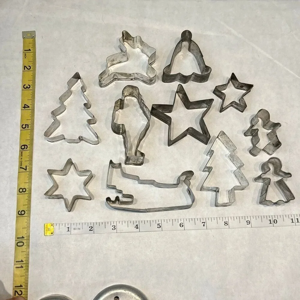 Vtg Metal Christmas Cookie Cutters Set of 11 Santa Tree Reindeer Star Sleigh Bel